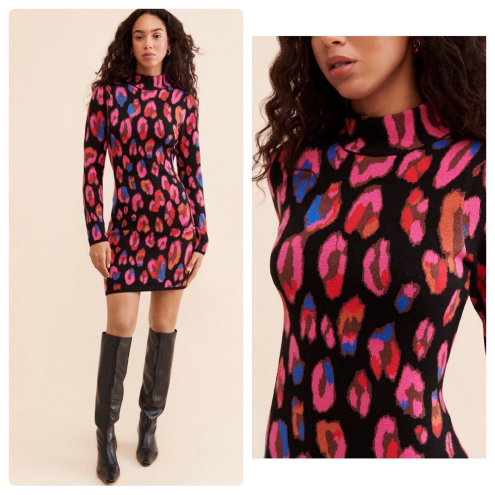 Farm Rio Iridescent Leopards Fitted Sweater Dress in Black Sz. XS Sz. X-Small - Picture 2 of 16